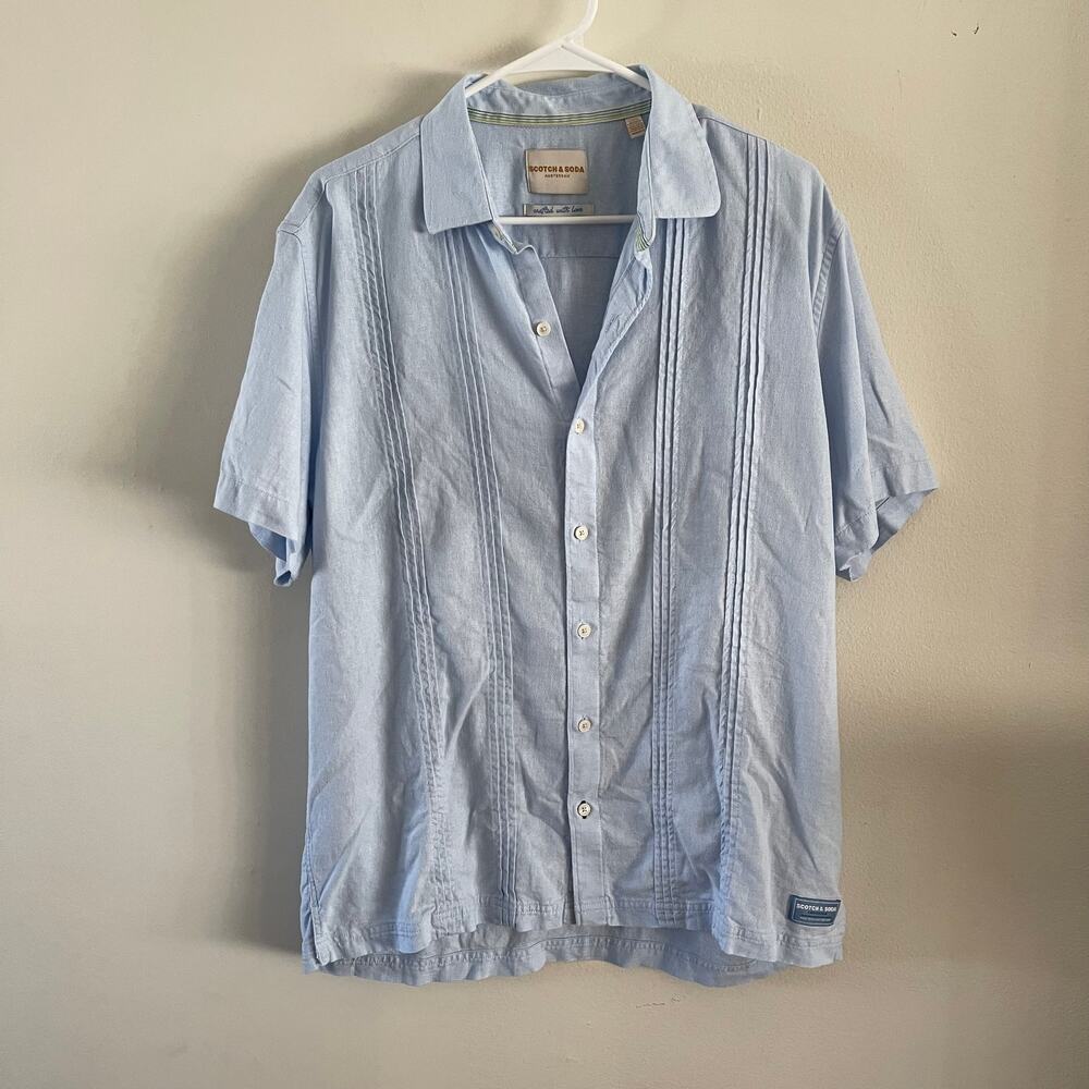 Scotch & Soda Mens Large Linen Blend Short Sleeve Guayabera Button Up Shirt Blue